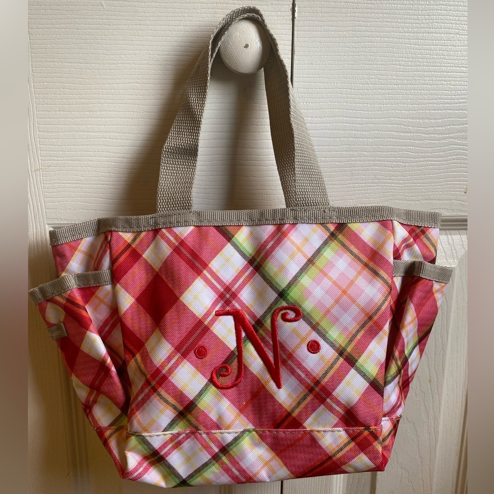 thirty-one Pink Plaid “Mad for Madras” Mini Tote- Red Monogrammed N